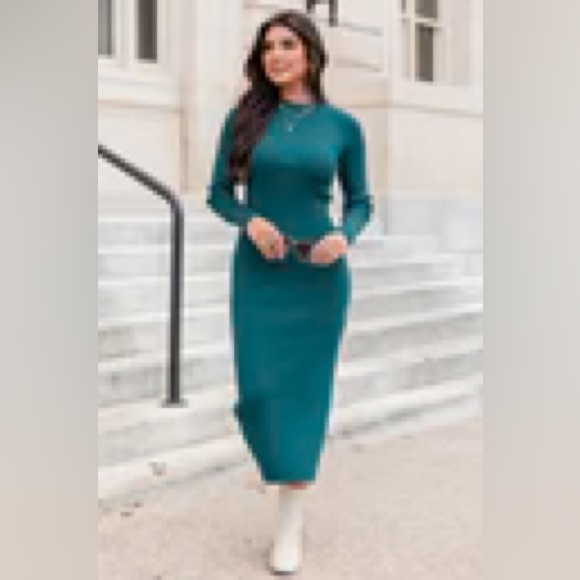 Pink Lily Teal Long Sleeve Knit Midi Dress - Picture 2 of 2